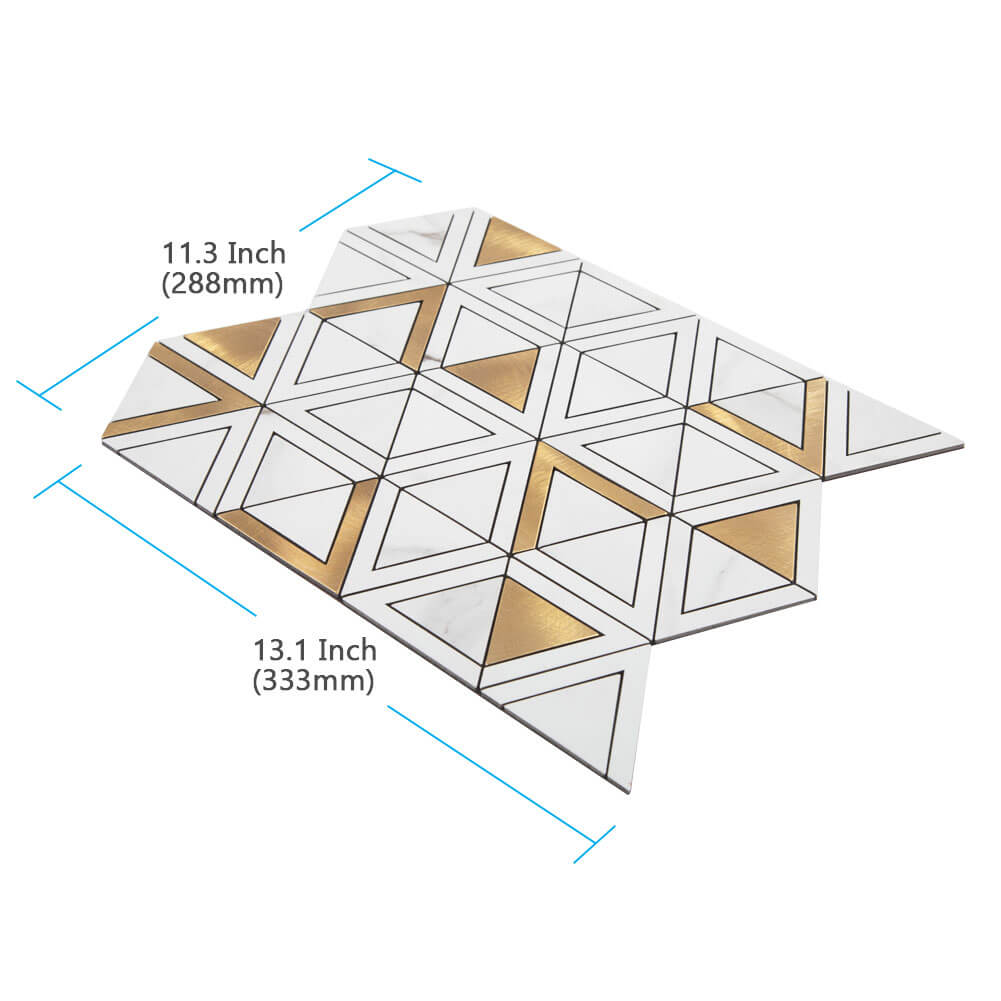 Peel and Stick Tile Backsplash PVC White Marble Stone with Gold Metal Triangle Tile (5-Pack)